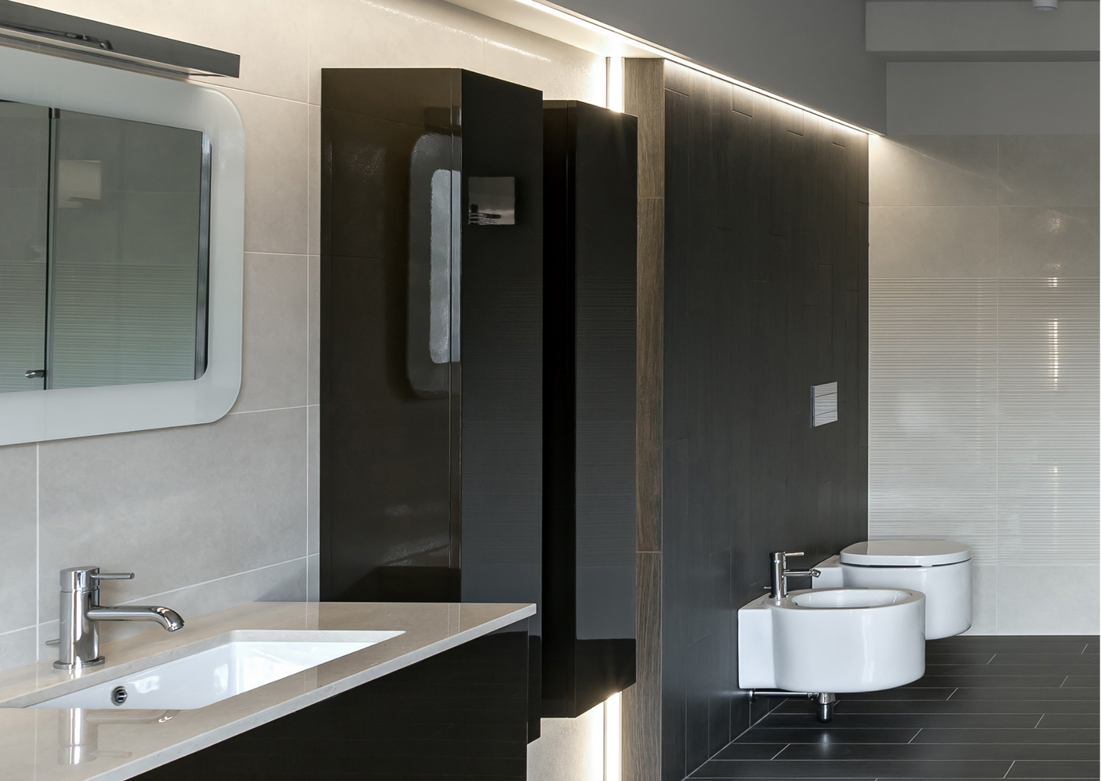Modern bathroom with dark cabinetry
