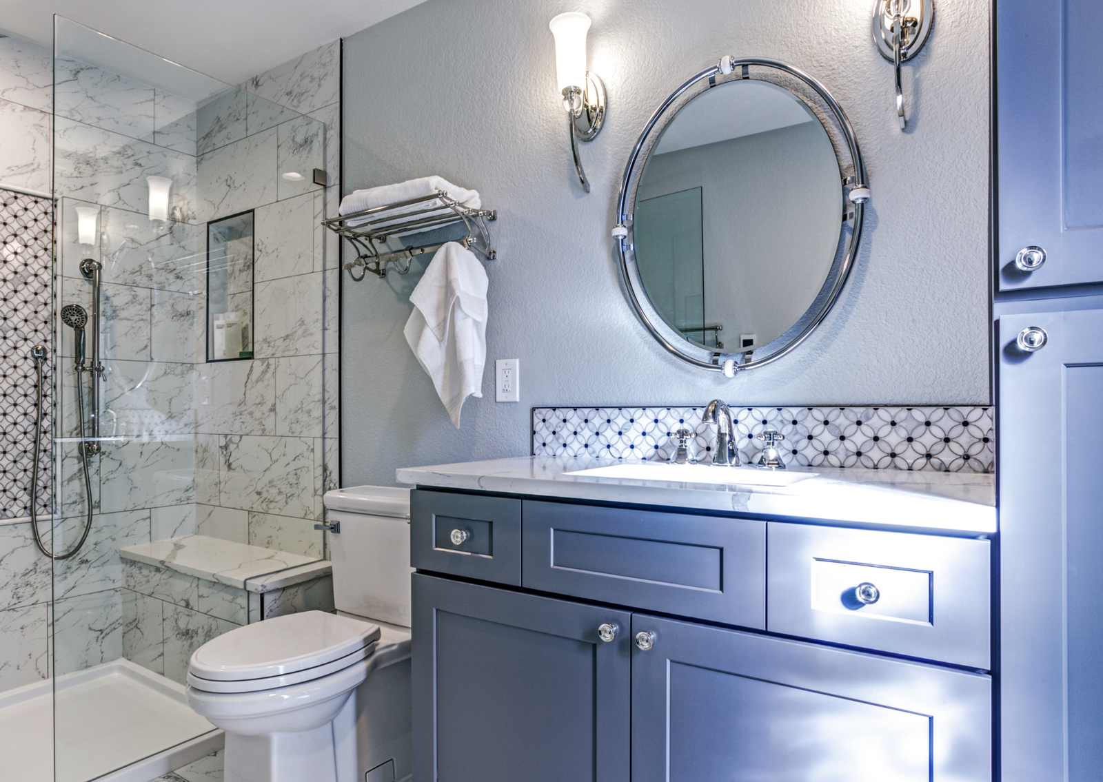 Blue marble shower room